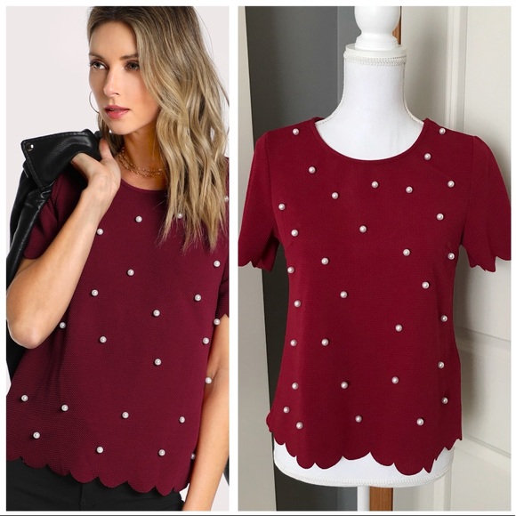 Tops - 5/$25 | NEW Burgundy Scallop Trim Pearl Top